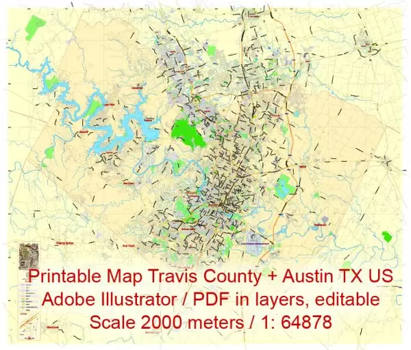 Editable Printable Map Travis County + Austin, Texas US, exact detailed vector Map Scale 100 meters, 1:64878, Adobe Illustrator, scalable, editable text format  street names, 15 mb ZIP