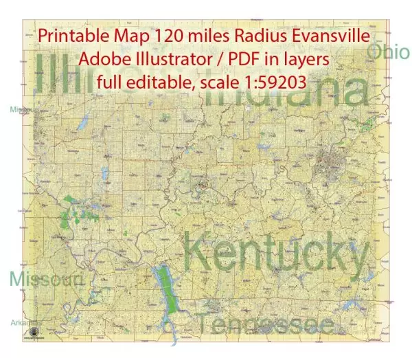 Printable Map area 120 miles radius of Evansville Indiana US, exact vector City Plan Map scale 1:59203 full editable, Adobe Illustrator
