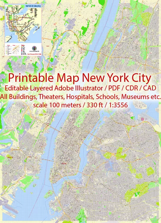Printable Map New York City, US, exact detailed City Plan scale 100 meters 1:3556 ALL Buildings, full editable Vector, AutoCAD DXF, scalable,  67 mb ZIP