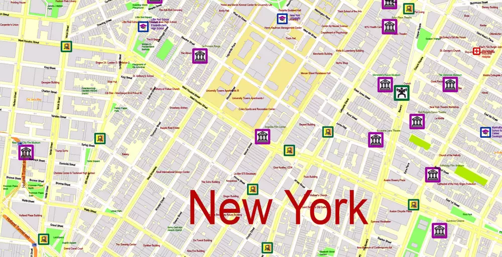 Printable Map New York City, US, exact detailed City Plan scale 100 meters 1:3556 ALL Buildings, full editable Vector, AutoCAD DXF, scalable, 67 mb ZIP