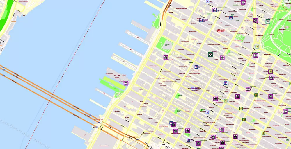 Printable Map New York City, US, exact detailed City Plan scale 100 meters 1:3556 ALL Buildings, full editable Vector, AutoCAD DXF, scalable, 67 mb ZIP