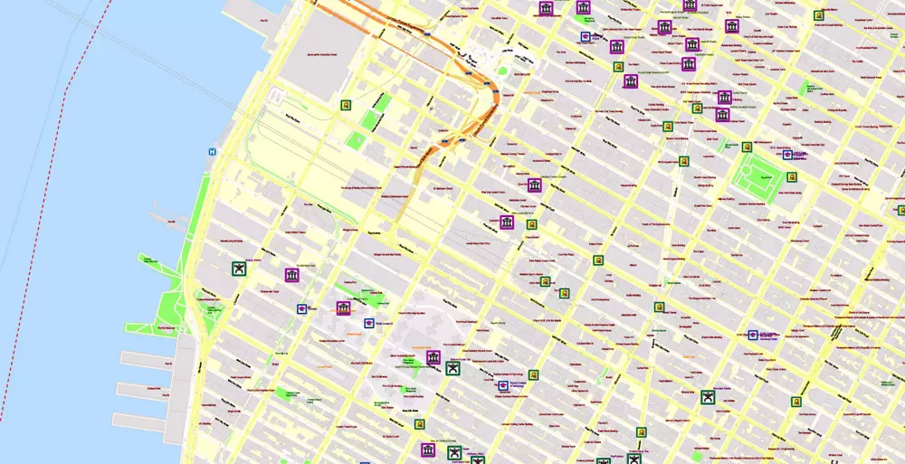 Printable Map New York City, US, exact detailed City Plan scale 100 meters 1:3556 ALL Buildings, full editable Vector, AutoCAD DXF, scalable, 67 mb ZIP
