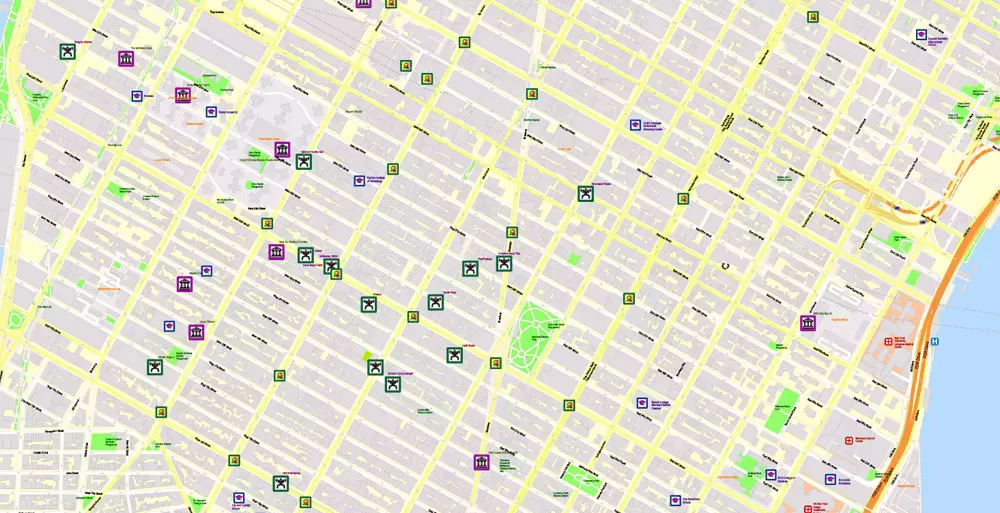 Printable Map New York City, US, exact detailed City Plan scale 100 meters 1:3556 ALL Buildings, full editable Vector, AutoCAD DXF, scalable, 67 mb ZIP