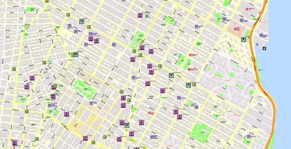 Printable Map New York City, US, exact detailed City Plan scale 100 meters 1:3556 ALL Buildings, full editable Vector, AutoCAD DXF, scalable, 67 mb ZIP