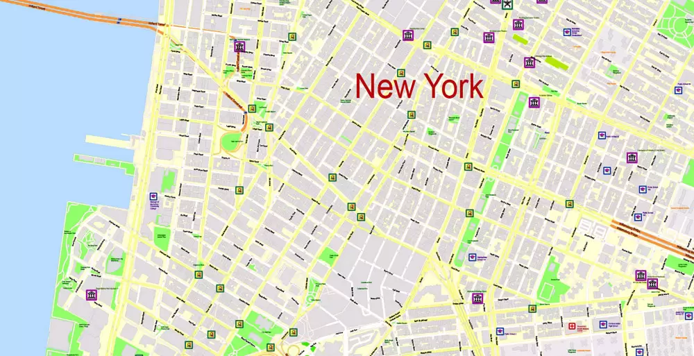 Printable Map New York City, US, exact detailed City Plan scale 100 meters 1:3556 ALL Buildings, full editable Vector, AutoCAD DXF, scalable, 67 mb ZIP