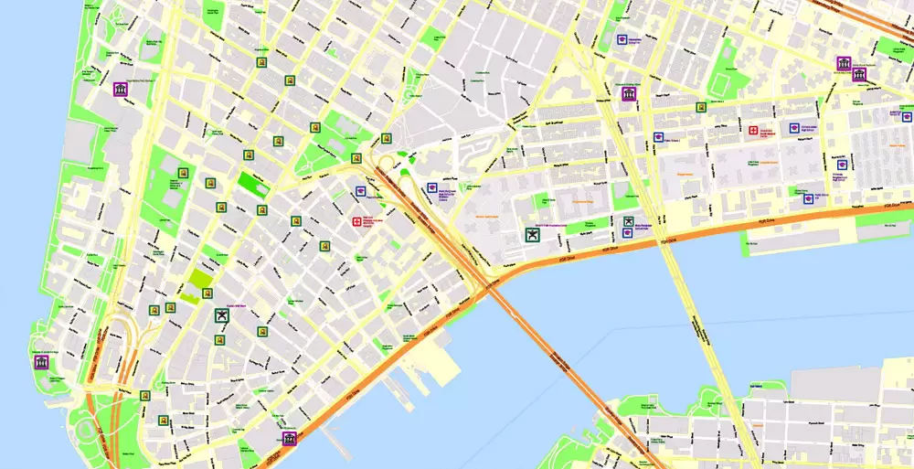 Printable Map New York City, US, exact detailed City Plan scale 100 meters 1:3556 ALL Buildings, full editable Vector, AutoCAD DXF, scalable, 67 mb ZIP