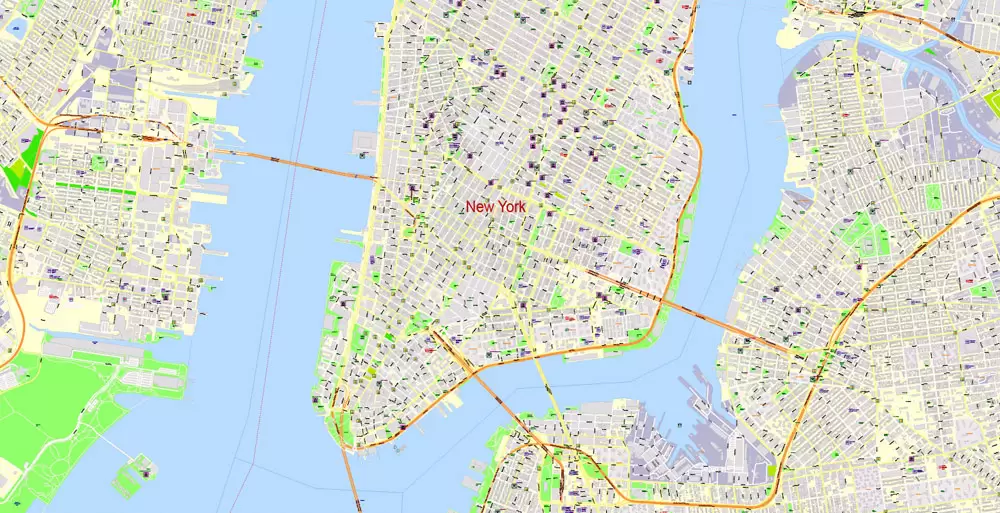 Printable Map New York City, US, exact detailed City Plan scale 100 meters 1:3556 ALL Buildings, full editable Vector, AutoCAD DXF, scalable, 67 mb ZIP