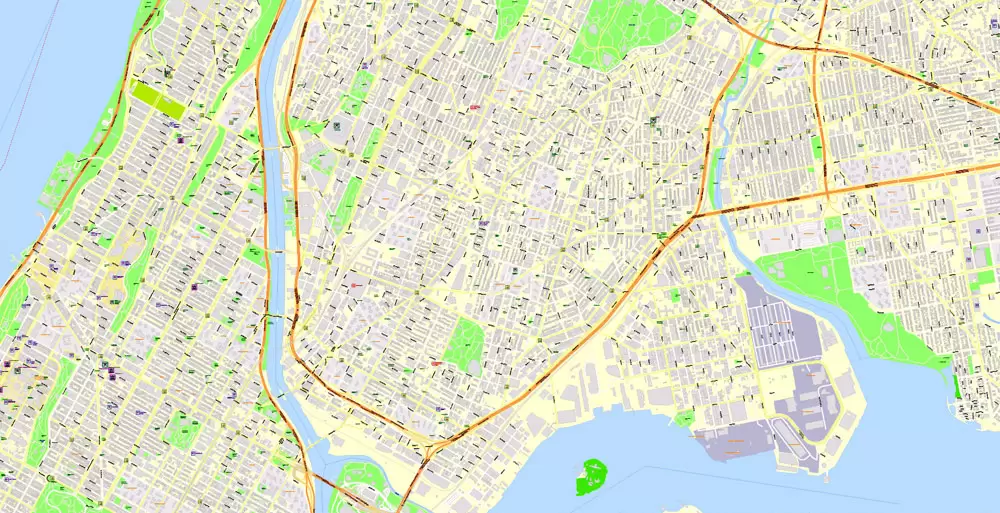 Printable Map New York City, US, exact detailed City Plan scale 100 meters 1:3556 ALL Buildings, full editable Vector, AutoCAD DXF, scalable, 67 mb ZIP