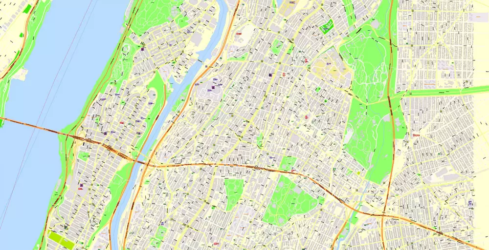 Printable Map New York City, US, exact detailed City Plan scale 100 meters 1:3556 ALL Buildings, full editable Vector, AutoCAD DXF, scalable, 67 mb ZIP