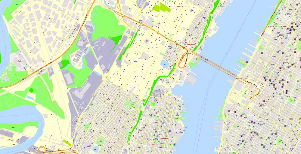 Printable Map New York City, US, exact detailed City Plan scale 100 meters 1:3556 ALL Buildings, full editable Vector, AutoCAD DXF, scalable, 67 mb ZIP