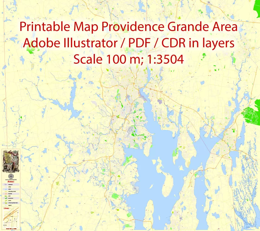 Printable Map Providence Metro Area, Rhode Island US, exact vector City Plan scale 1:5304, full editable, Adobe Illustrator, scalable, editable, text format street names, 24 mb ZIP