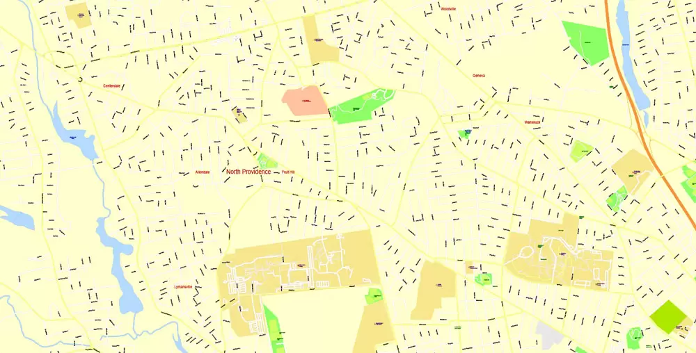 Printable Map Providence Metro Area, Rhode Island US, exact vector City Plan scale 1:5304, full editable, Adobe Illustrator, scalable, editable, text format street names, 24 mb ZIP