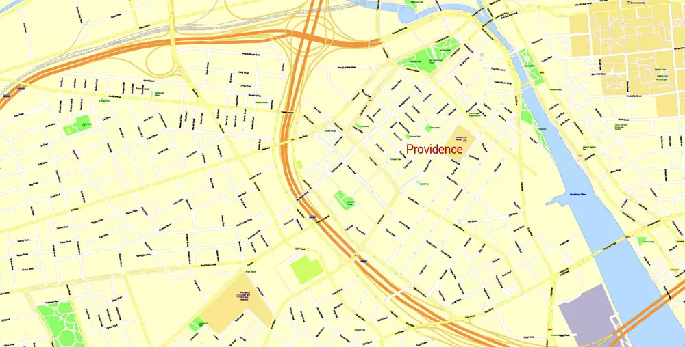 Printable Map Providence Metro Area, Rhode Island US, exact vector City Plan scale 1:5304, full editable, Adobe Illustrator, scalable, editable, text format street names, 24 mb ZIP