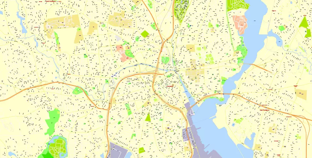 Printable Map Providence Metro Area, Rhode Island US, exact vector City Plan scale 1:5304, full editable, Adobe Illustrator, scalable, editable, text format street names, 24 mb ZIP