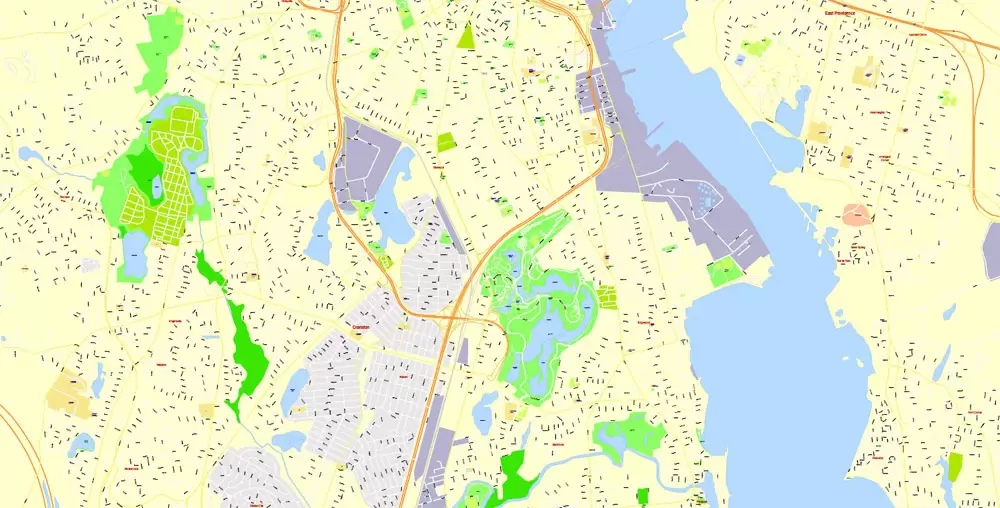 Printable Map Providence Metro Area, Rhode Island US, exact vector City Plan scale 1:5304, full editable, Adobe Illustrator, scalable, editable, text format street names, 24 mb ZIP