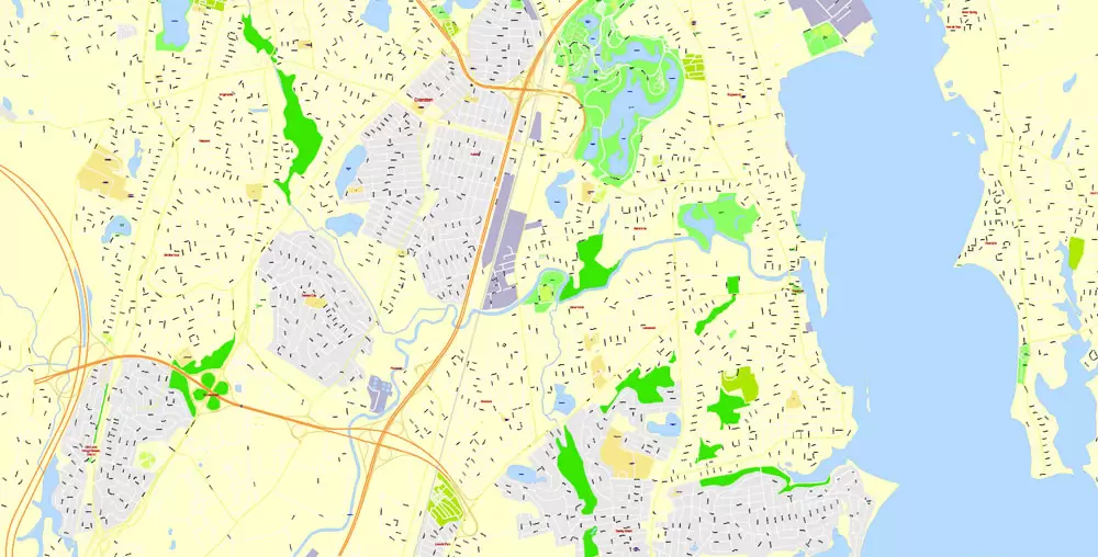 Printable Map Providence Metro Area, Rhode Island US, exact vector City Plan scale 1:5304, full editable, Adobe Illustrator, scalable, editable, text format street names, 24 mb ZIP