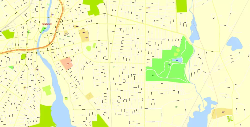 Printable Map Providence Metro Area, Rhode Island US, exact vector City Plan scale 1:5304, full editable, Adobe Illustrator, scalable, editable, text format street names, 24 mb ZIP