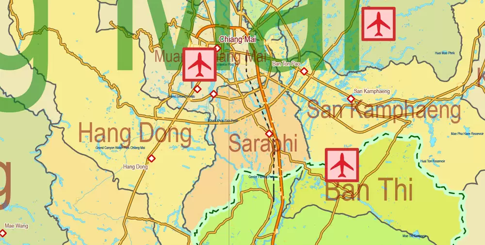 Printable Exact Detailed Map Thailand Admin, Roads, Cities, Towns, Railroads, Water, Airports in Adobe Illustrator