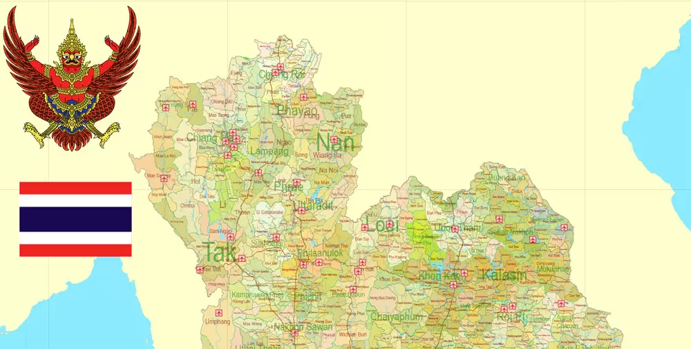 Printable Exact Detailed Map Thailand Admin, Roads, Cities, Towns, Railroads, Water, Airports in Adobe Illustrator
