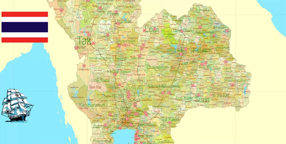 Printable Exact Detailed Map Thailand Admin, Roads, Cities, Towns, Railroads, Water, Airports in Adobe Illustrator