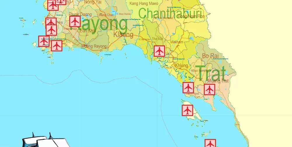 Printable Exact Detailed Map Thailand Admin, Roads, Cities, Towns, Railroads, Water, Airports in Adobe Illustrator