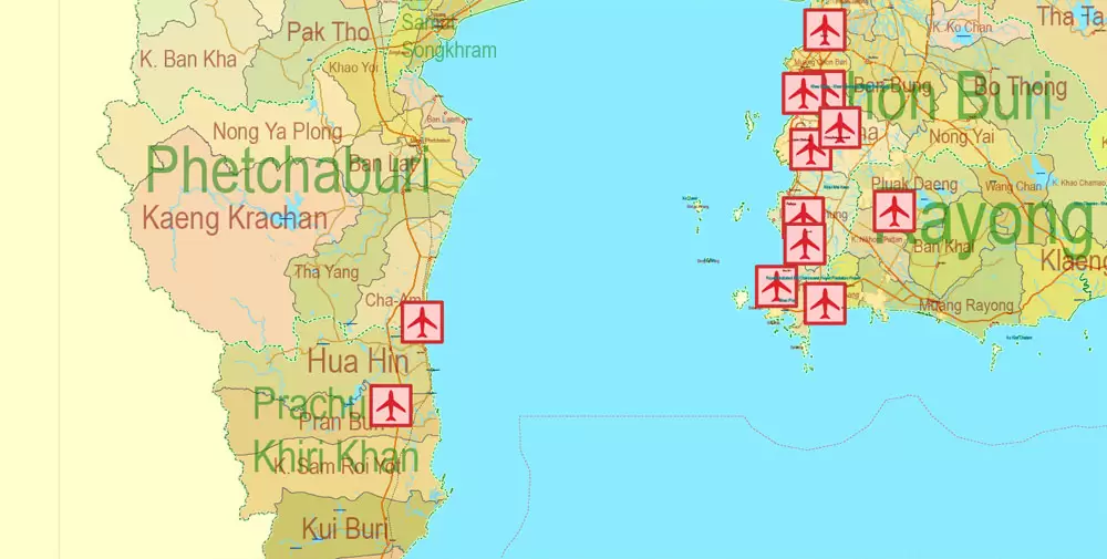 Printable Exact Detailed Map Thailand Admin, Roads, Cities, Towns, Railroads, Water, Airports in Adobe Illustrator