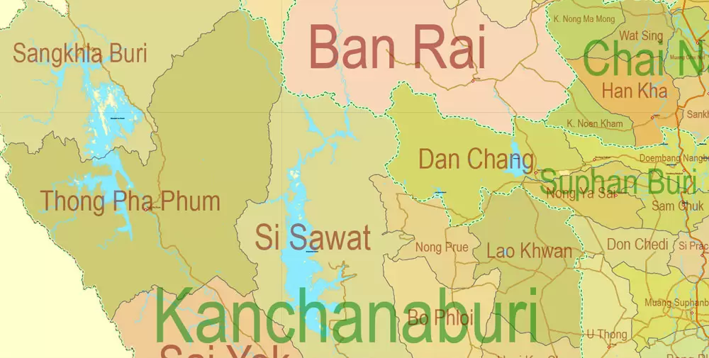 Printable Exact Detailed Map Thailand Admin, Roads, Cities, Towns, Railroads, Water, Airports in Adobe Illustrator