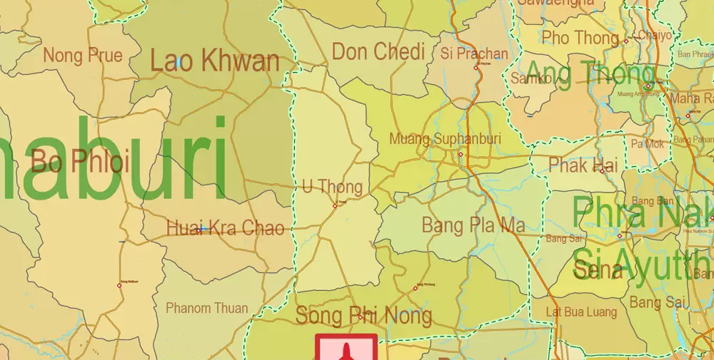 Printable Exact Detailed Map Thailand Admin, Roads, Cities, Towns, Railroads, Water, Airports in Adobe Illustrator