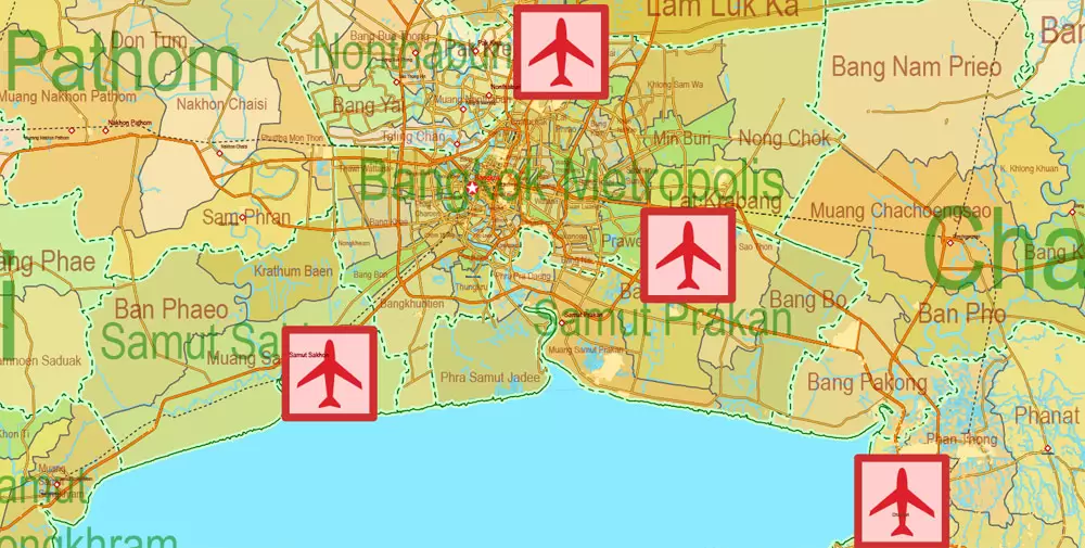 Printable Exact Detailed Map Thailand Admin, Roads, Cities, Towns, Railroads, Water, Airports in Adobe Illustrator