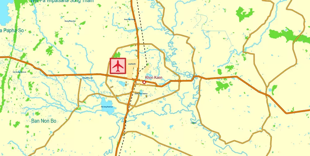 Printable Exact Detailed Map Thailand Admin, Roads, Cities, Towns, Railroads, Water, Airports in Adobe Illustrator
