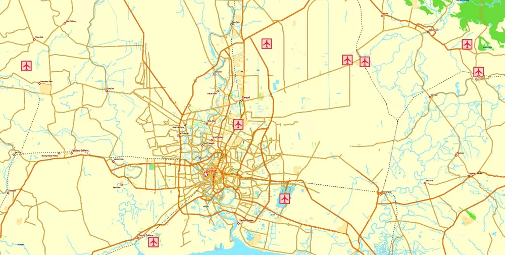 Printable Exact Detailed Map Thailand Admin, Roads, Cities, Towns, Railroads, Water, Airports in Adobe Illustrator