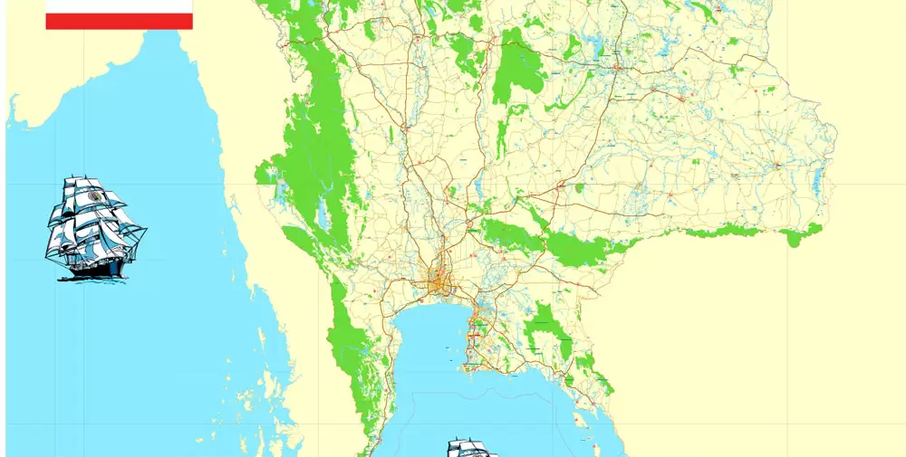 Printable Exact Detailed Map Thailand Admin, Roads, Cities, Towns, Railroads, Water, Airports in Adobe Illustrator