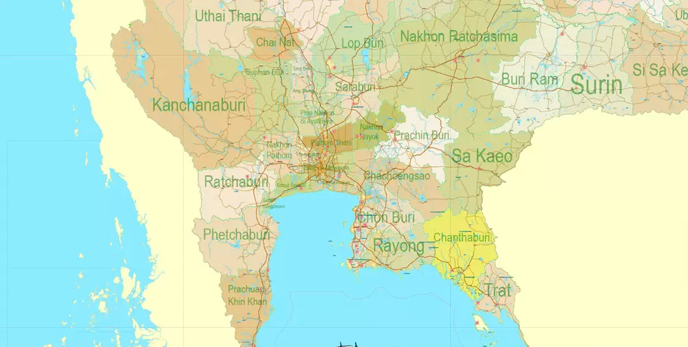 Printable Exact Detailed Map Thailand Admin, Roads, Cities, Towns, Railroads, Water, Airports in Adobe Illustrator