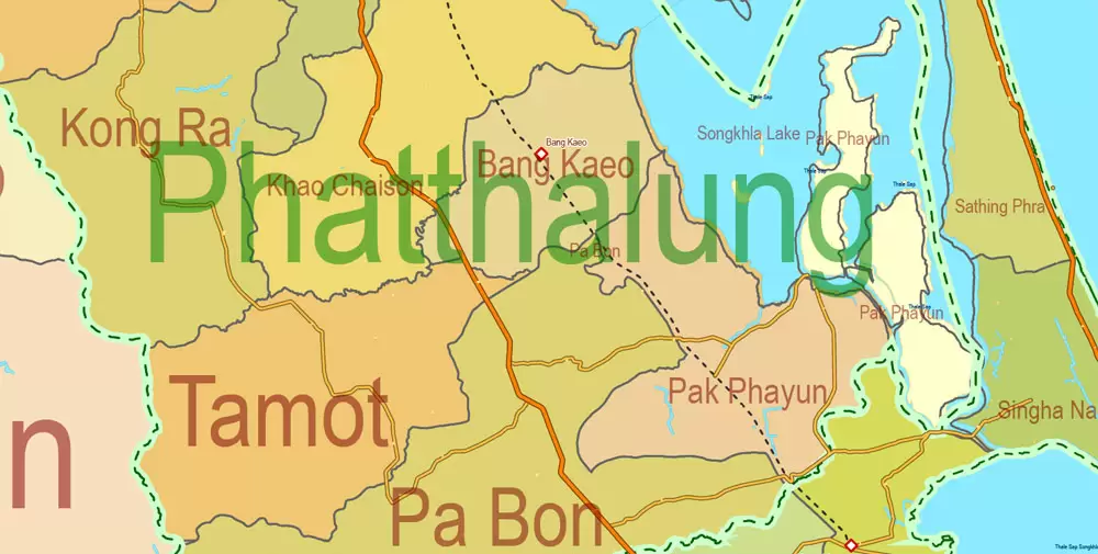 Printable Exact Detailed Map Thailand Admin, Roads, Cities, Towns, Railroads, Water, Airports in Adobe Illustrator