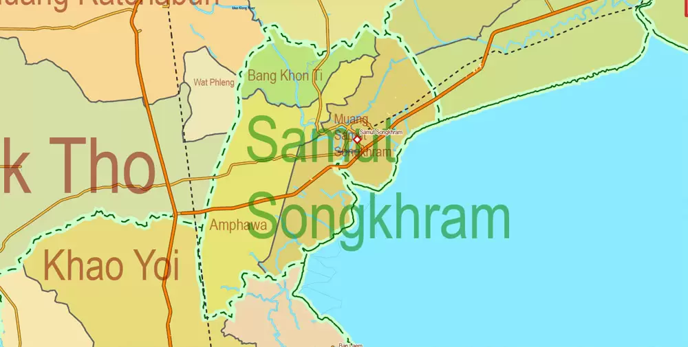 Printable Exact Detailed Map Thailand Admin, Roads, Cities, Towns, Railroads, Water, Airports in Adobe Illustrator
