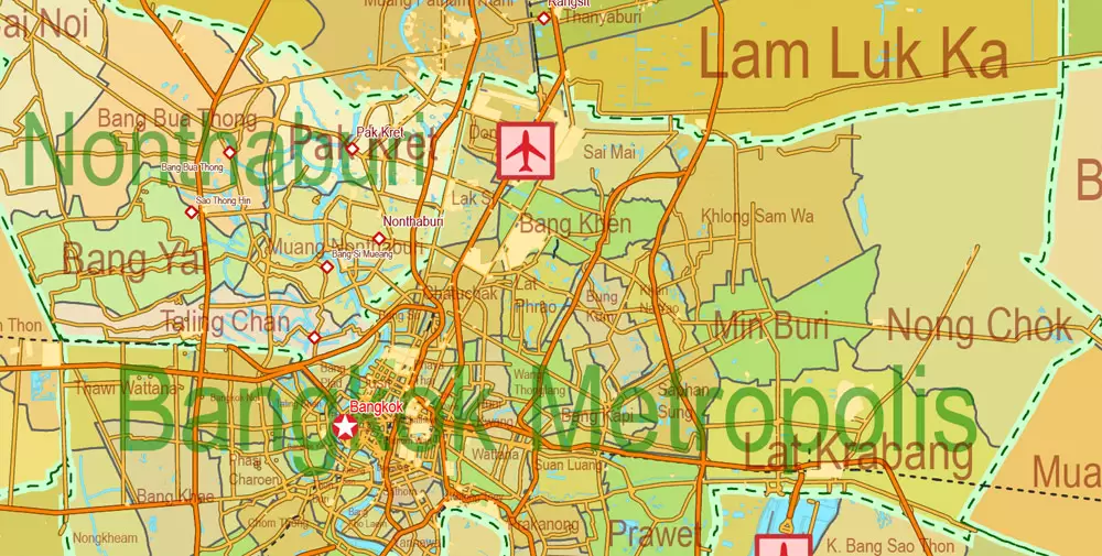 Printable Exact Detailed Map Thailand Admin, Roads, Cities, Towns, Railroads, Water, Airports in Adobe Illustrator