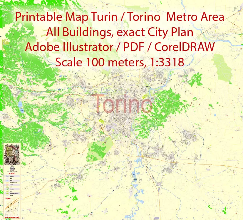 Printable Vector Map Turin / Torino Metro Area, Italy, exact detailed City Plan all Buildings, 100 meters scale map 1:3318, editable Layered Adobe Illustrator, 26 Mb ZIP