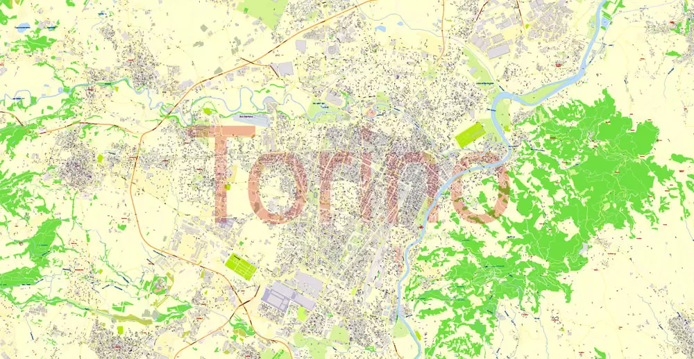 Printable Vector Map Turin / Torino Metro Area, Italy, exact detailed City Plan all Buildings, 100 meters scale map 1:3318, editable Layered Adobe Illustrator, 26 Mb ZIP