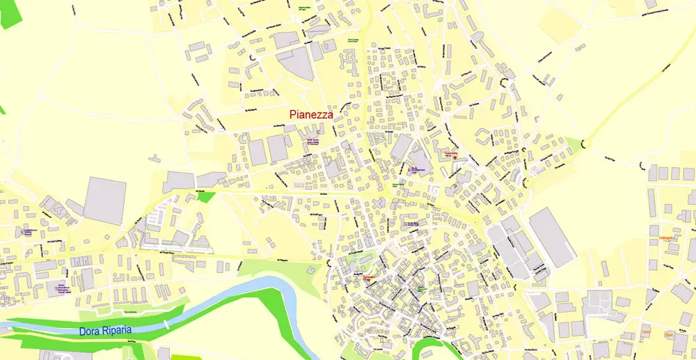 Printable Vector Map Turin / Torino Metro Area, Italy, exact detailed City Plan all Buildings, 100 meters scale map 1:3318, editable Layered Adobe Illustrator, 26 Mb ZIP