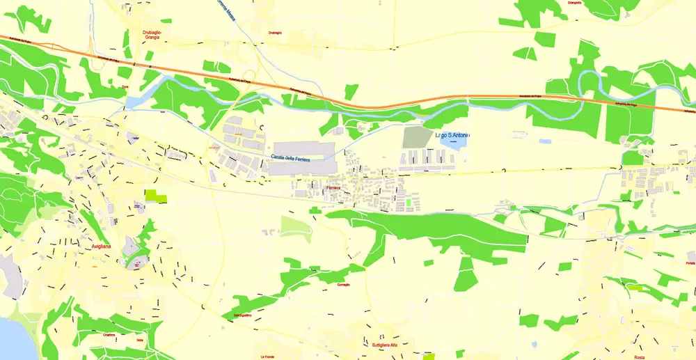 Printable Vector Map Turin / Torino Metro Area, Italy, exact detailed City Plan all Buildings, 100 meters scale map 1:3318, editable Layered Adobe Illustrator, 26 Mb ZIP