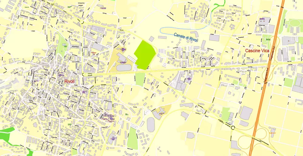 Printable Vector Map Turin / Torino Metro Area, Italy, exact detailed City Plan all Buildings, 100 meters scale map 1:3318, editable Layered Adobe Illustrator, 26 Mb ZIP