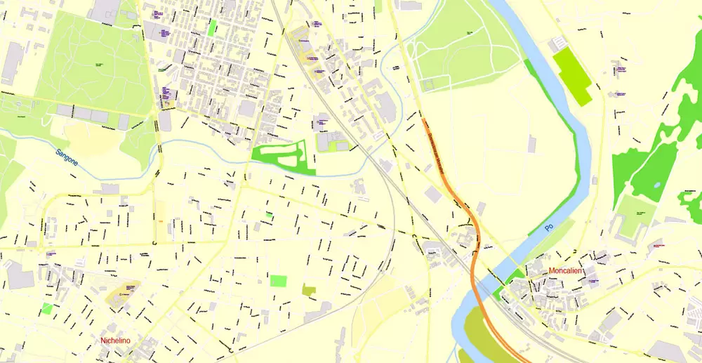 Printable Vector Map Turin / Torino Metro Area, Italy, exact detailed City Plan all Buildings, 100 meters scale map 1:3318, editable Layered Adobe Illustrator, 26 Mb ZIP