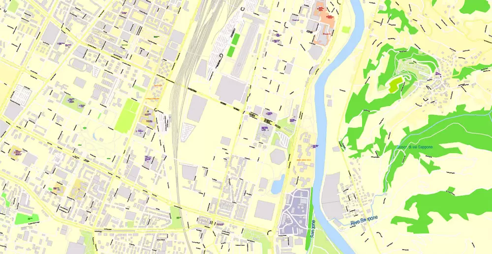 Printable Vector Map Turin / Torino Metro Area, Italy, exact detailed City Plan all Buildings, 100 meters scale map 1:3318, editable Layered Adobe Illustrator, 26 Mb ZIP