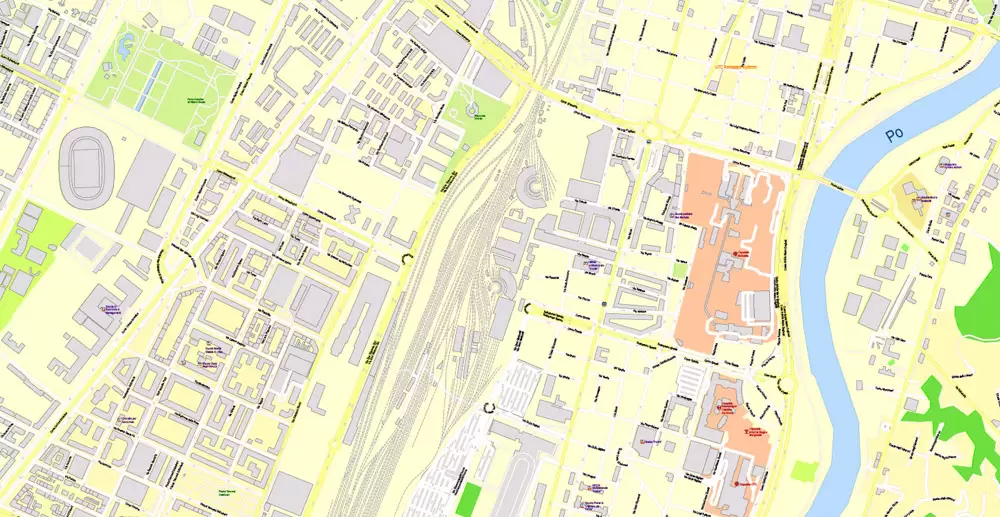 Printable Vector Map Turin / Torino Metro Area, Italy, exact detailed City Plan all Buildings, 100 meters scale map 1:3318, editable Layered Adobe Illustrator, 26 Mb ZIP