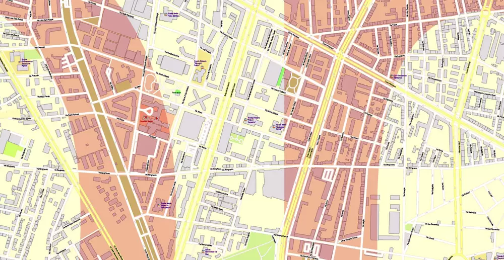 Printable Vector Map Turin / Torino Metro Area, Italy, exact detailed City Plan all Buildings, 100 meters scale map 1:3318, editable Layered Adobe Illustrator, 26 Mb ZIP