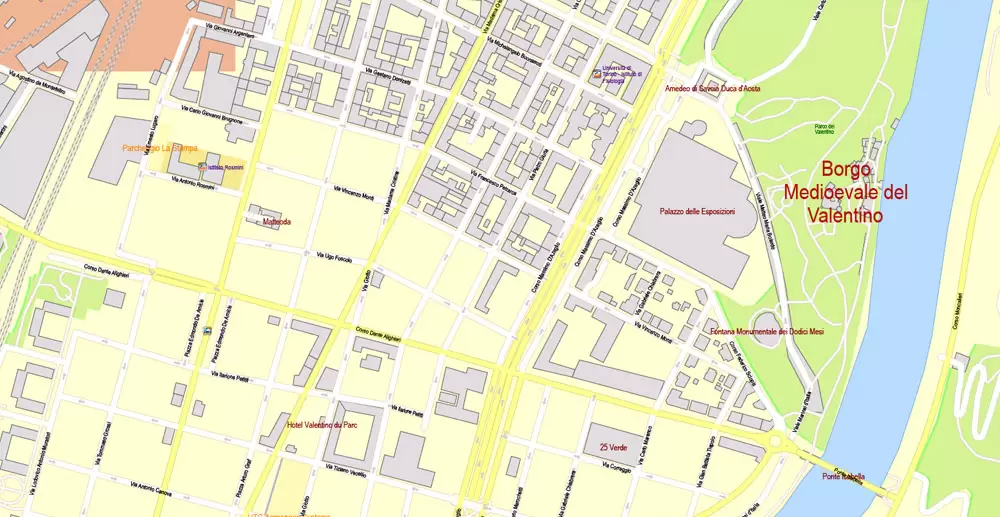 Printable Vector Map Turin / Torino Metro Area, Italy, exact detailed City Plan all Buildings, 100 meters scale map 1:3318, editable Layered Adobe Illustrator, 26 Mb ZIP