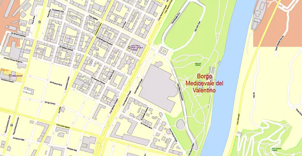 Printable Vector Map Turin / Torino Metro Area, Italy, exact detailed City Plan all Buildings, 100 meters scale map 1:3318, editable Layered Adobe Illustrator, 26 Mb ZIP
