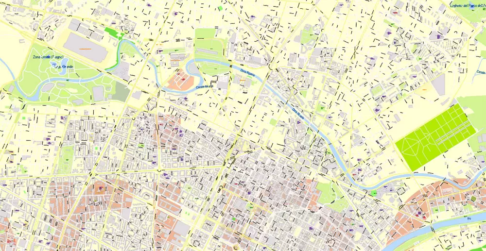 Printable Vector Map Turin / Torino Metro Area, Italy, exact detailed City Plan all Buildings, 100 meters scale map 1:3318, editable Layered Adobe Illustrator, 26 Mb ZIP