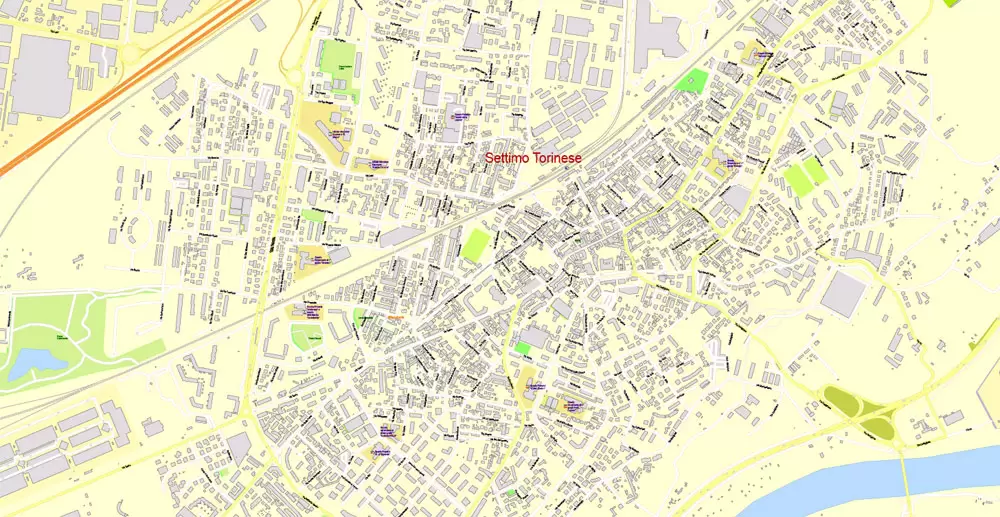 Printable Vector Map Turin / Torino Metro Area, Italy, exact detailed City Plan all Buildings, 100 meters scale map 1:3318, editable Layered Adobe Illustrator, 26 Mb ZIP