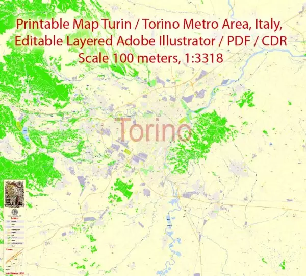 Printable Vector Map Turin / Torino Metro Area, Italy, exact detailed City Plan, 100 meters scale map 1:3318, editable Layered Adobe Illustrator, 20 Mb ZIP